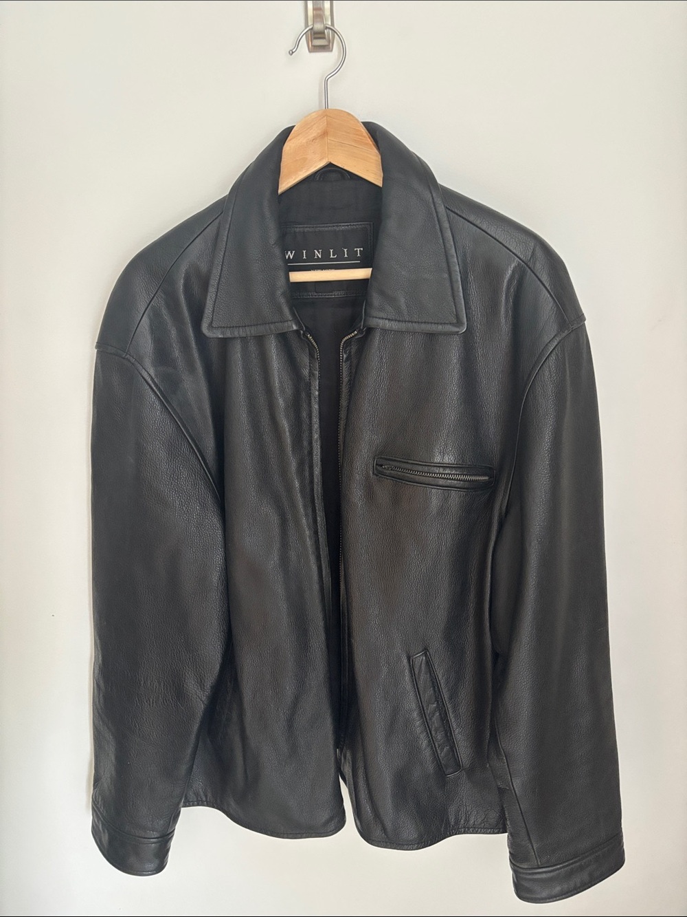 Winlit Black Leather Bomber Jacket for Men